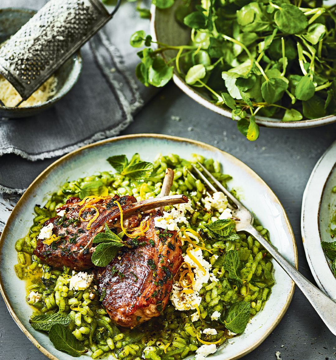 Minty lamb chops with watercress risotto
