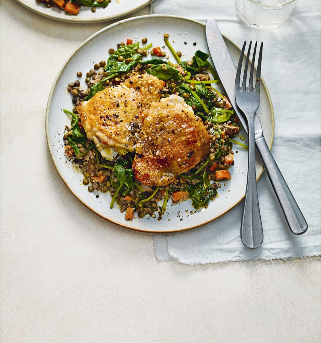 Crispy chicken thighs with mustardy lentils 