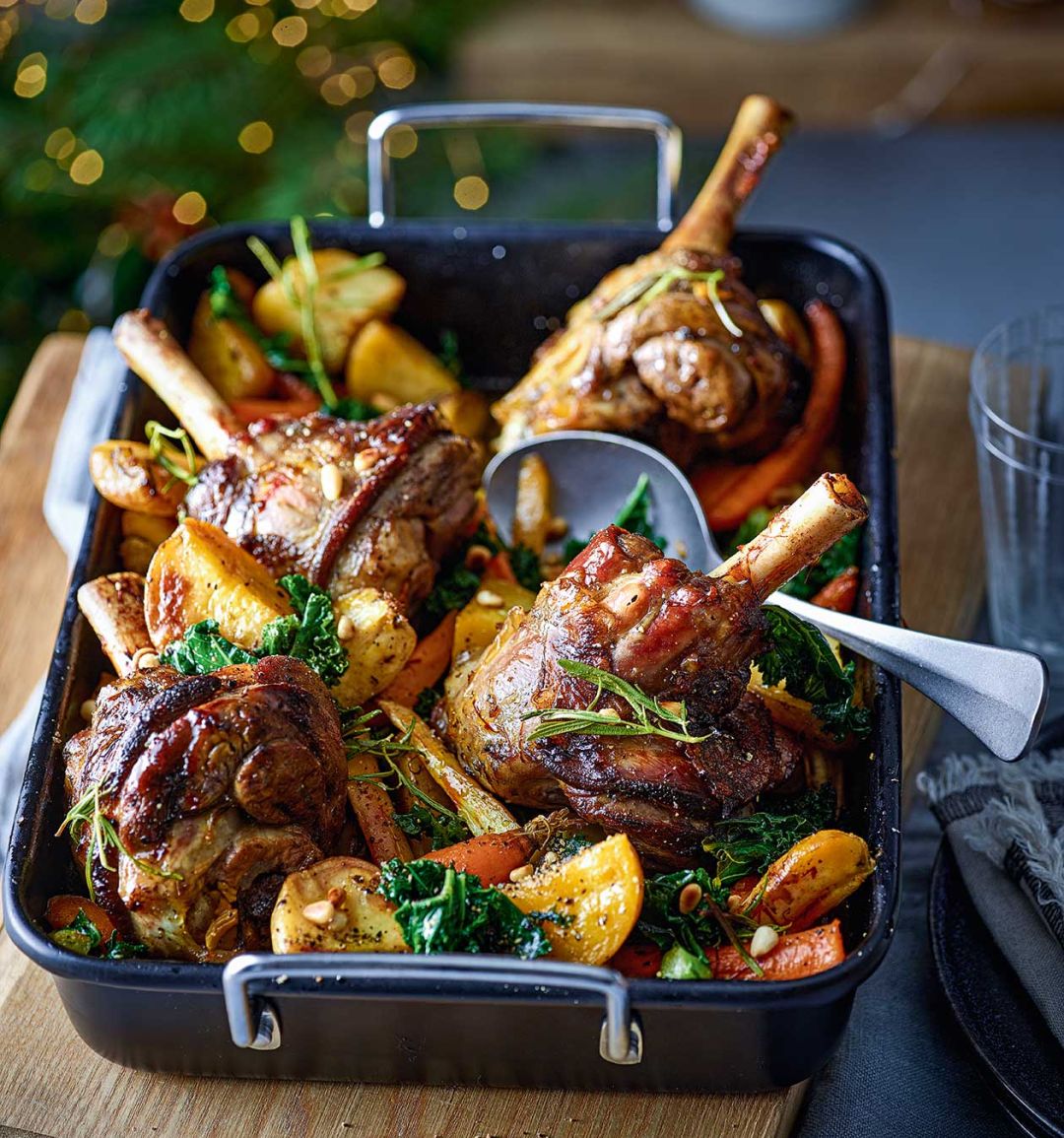 Cinnamon and saffron lamb shank with roasted roots