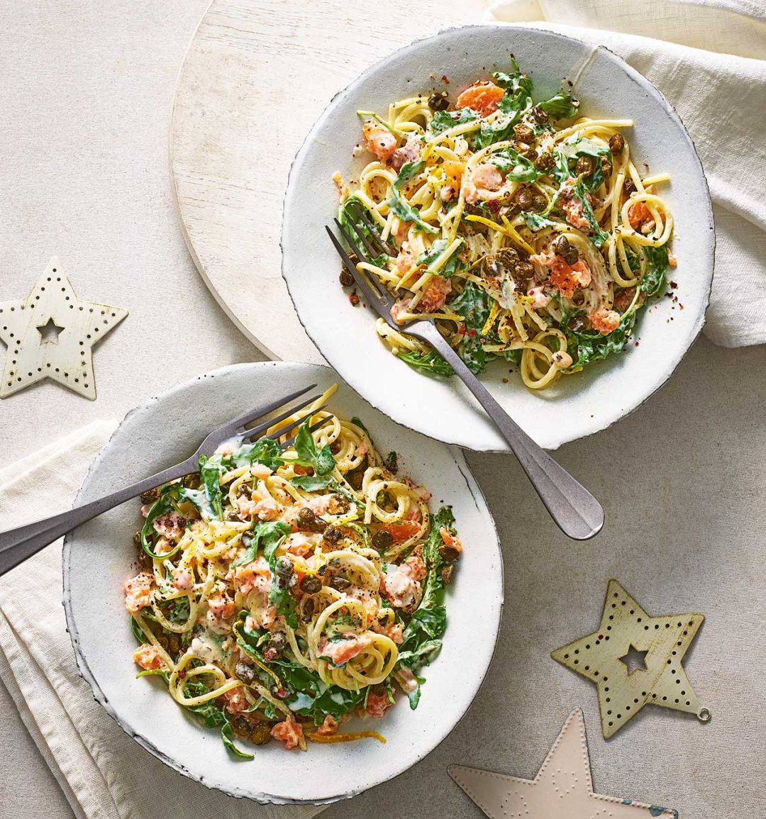 Smoked salmon spaghetti with crispy capers