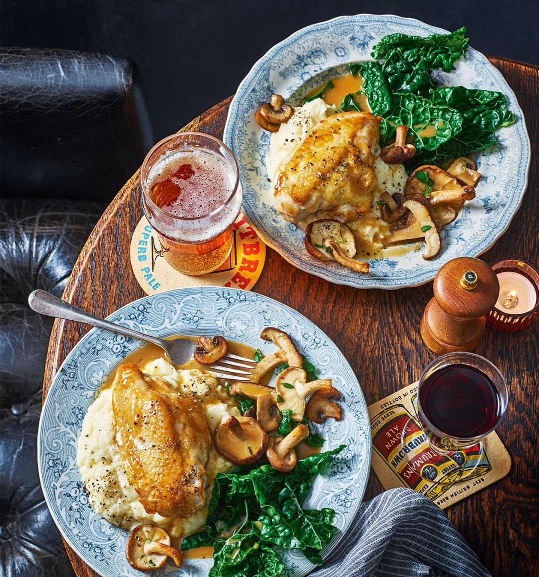 Chicken with mushrooms, madeira sauce and celeriac