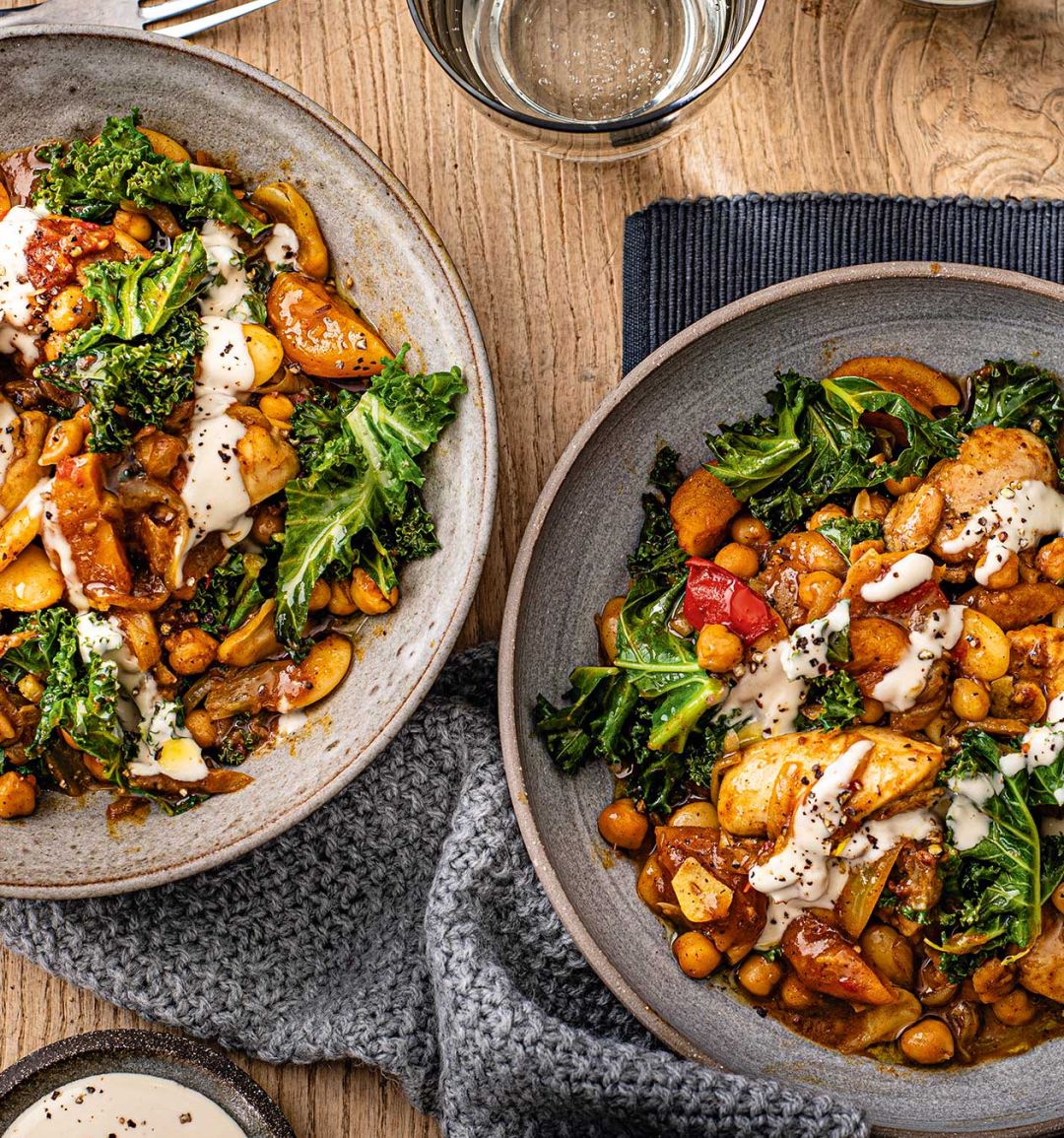 Tahini chicken, greens and beans