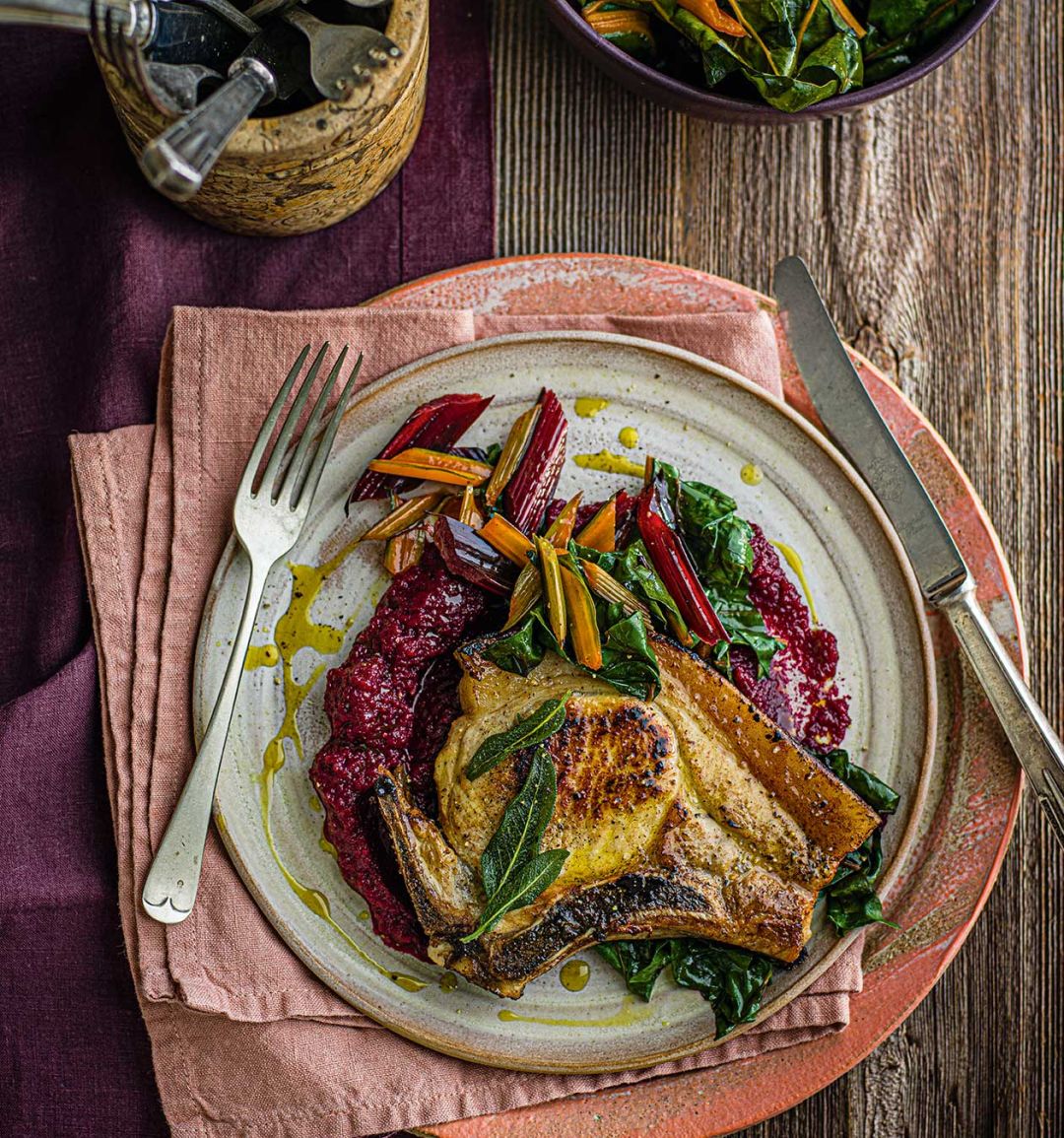Butter-basted sage pork chops with beetroot purée and garlic chard