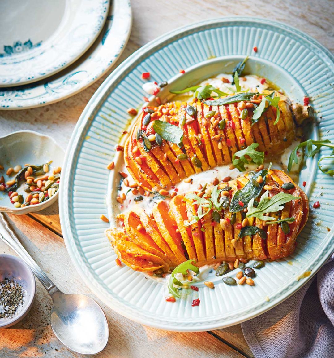 Hasselback roast squash with whipped feta