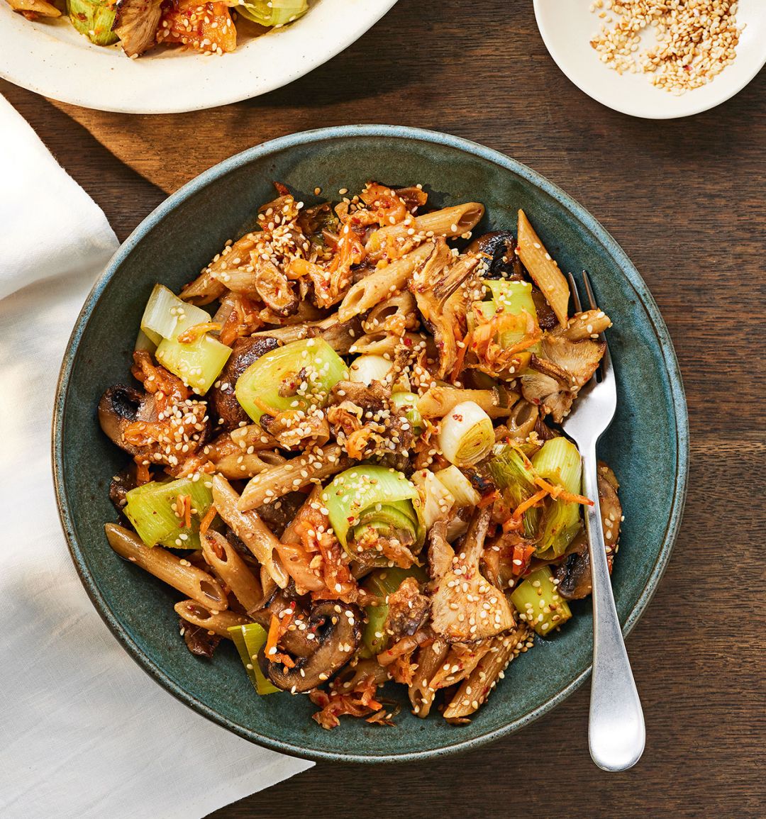 Roasted leek and mushroom pasta with kimchi