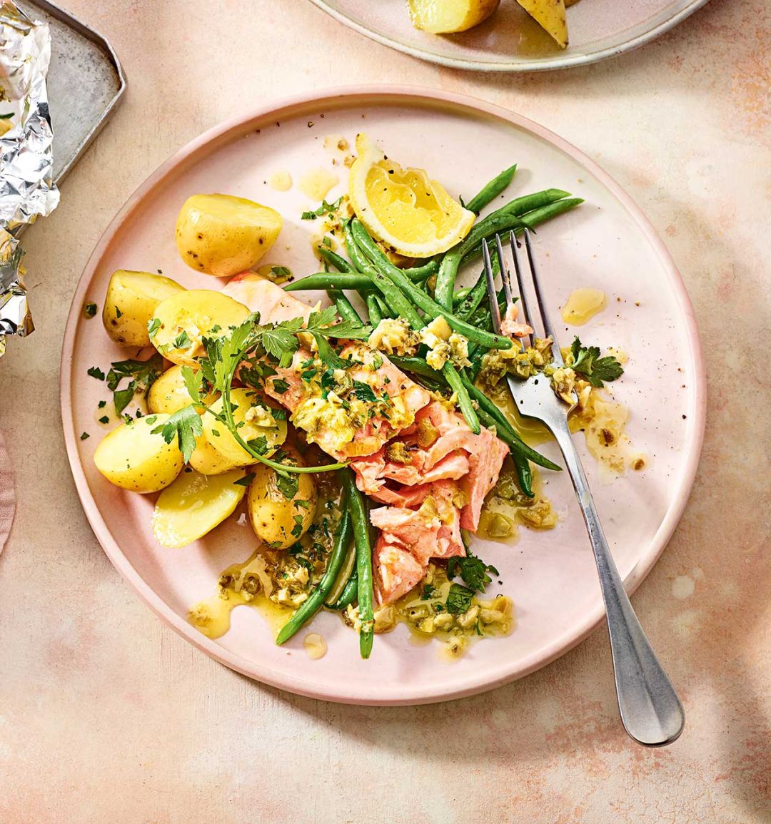 Salmon with lemon-olive butter and new potatoes