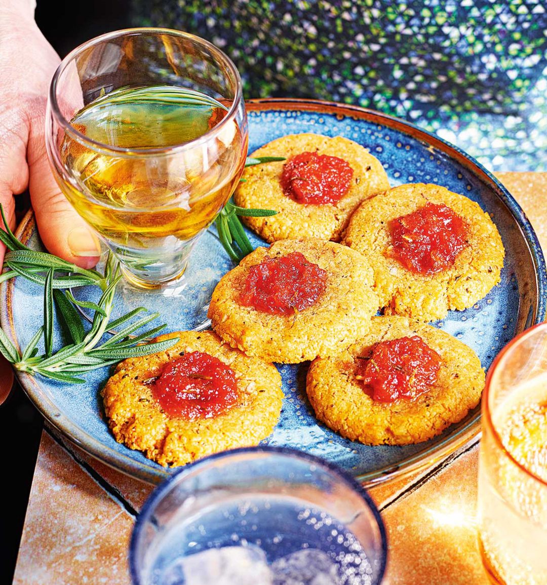 Cheesy biscuits with red pepper relish