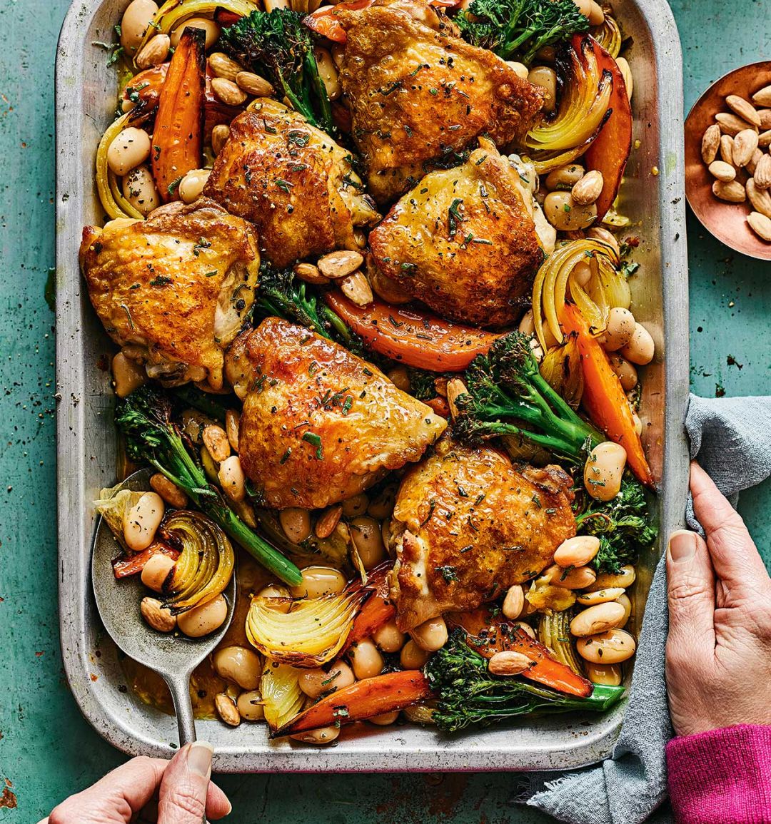 Golden chicken and bean traybake with sherry and sage dressing