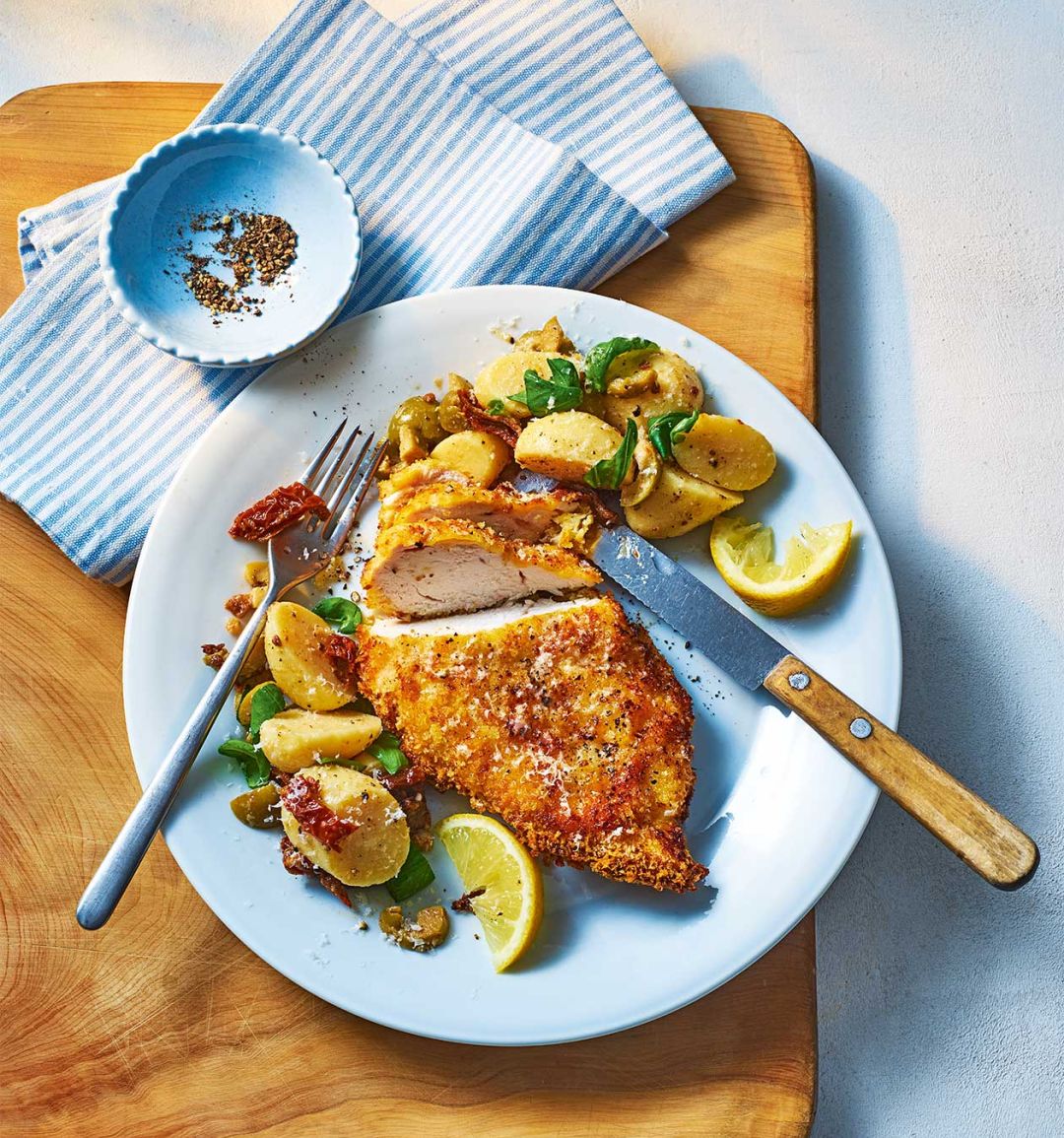 Air-fryer crispy chicken with antipasti potato salad