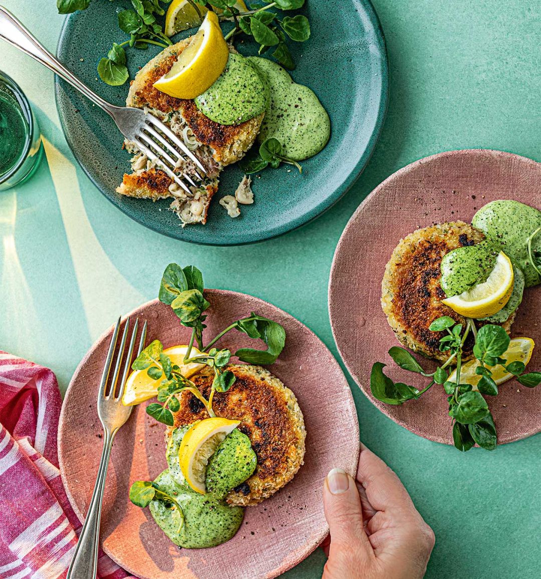 Mackerel bean cakes with watercress mayo