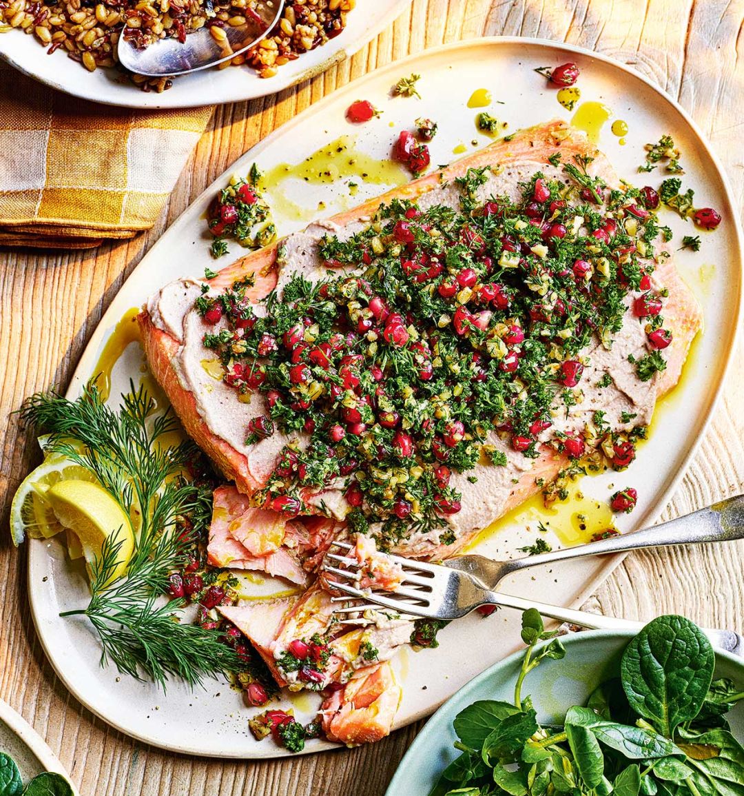 Olive-oil-baked salmon with walnut tarator