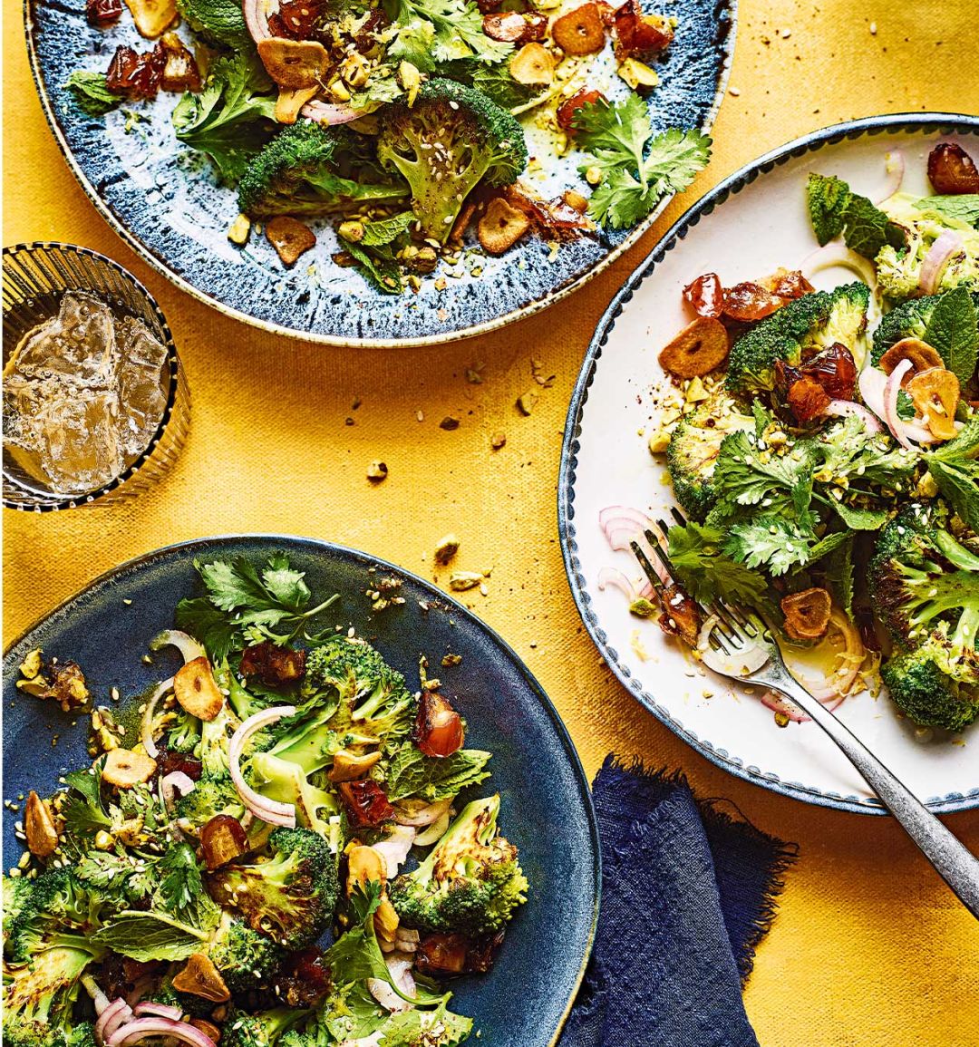 Warm broccoli and date salad with pistachio topping
