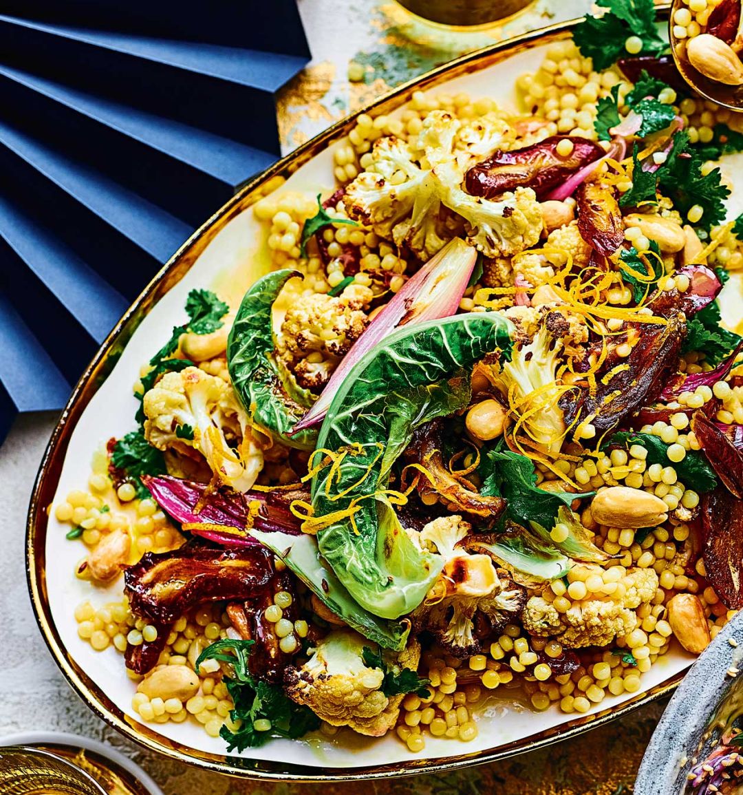 Roast cauliflower, date and olive giant couscous