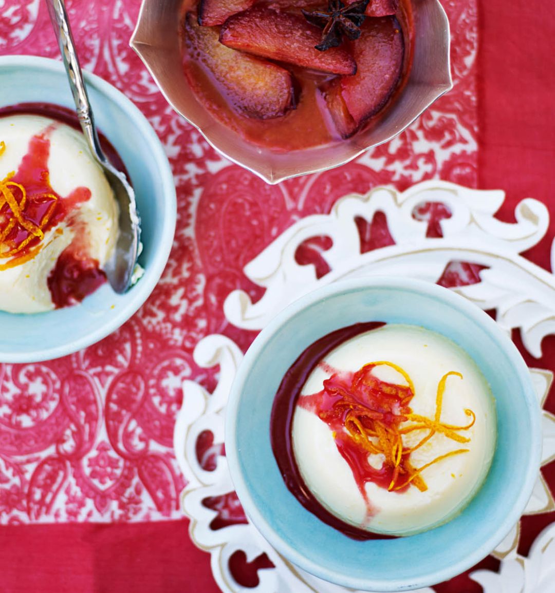Buttermilk panna cottas with roasted star anise plums