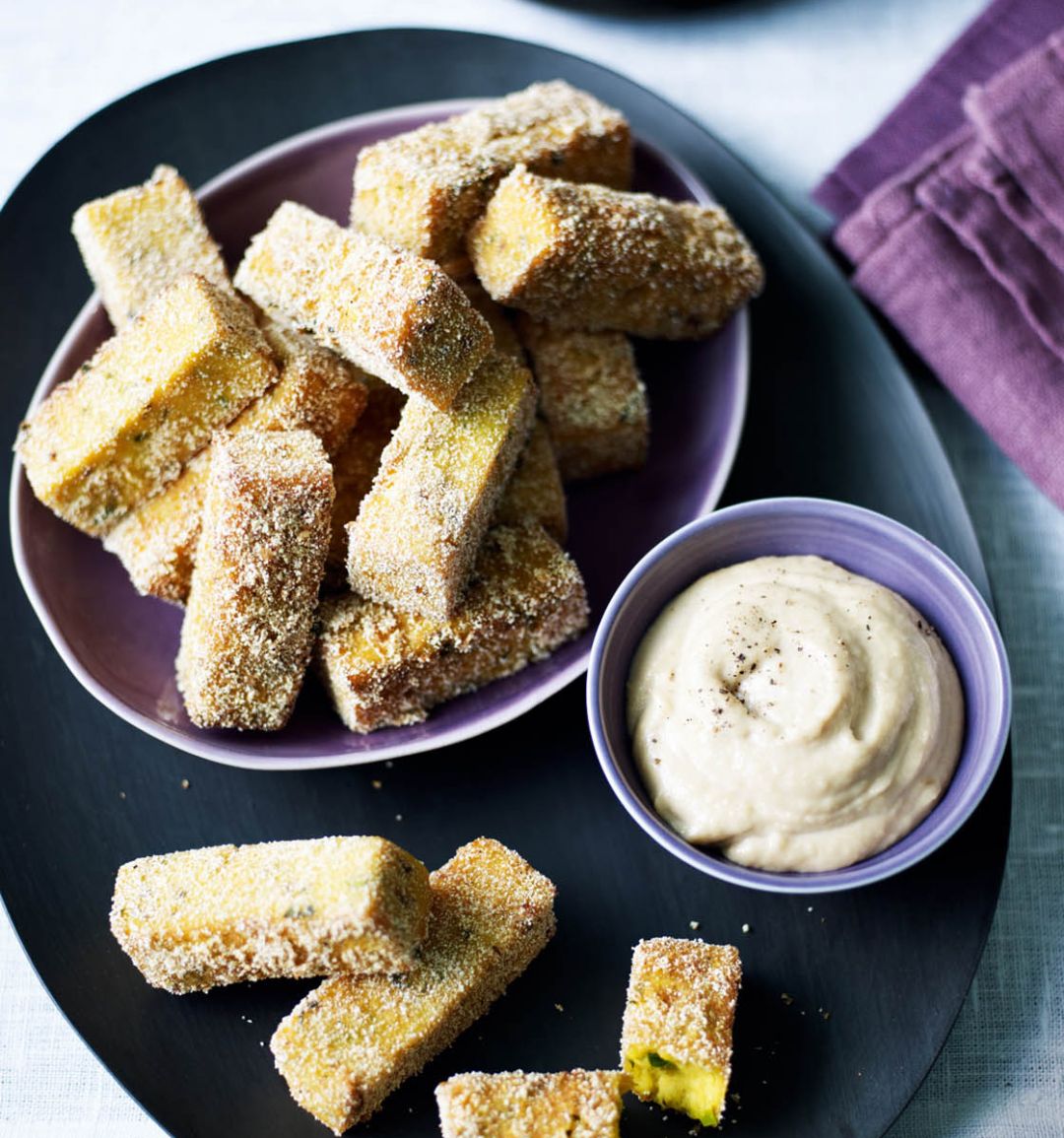 Turmeric and chickpea chips with tahini lemon dip