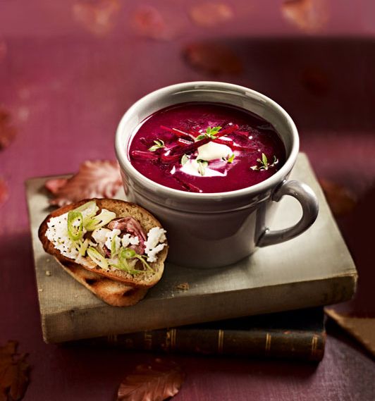Beetroot soup with crème fraîche and feta toasts