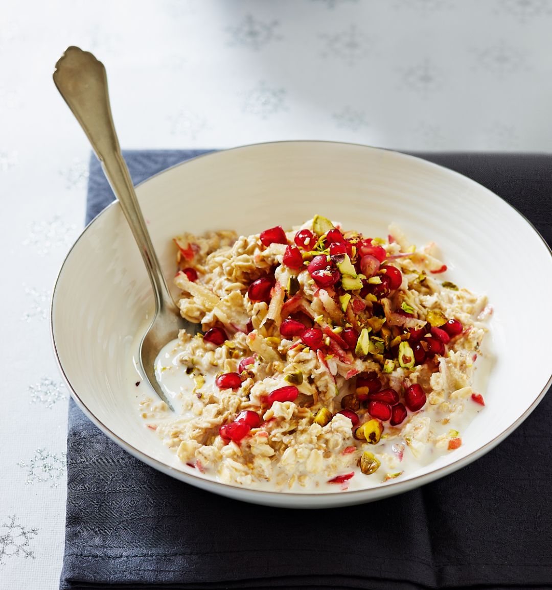 Pomegranate and pistachio Bircher-style muesli