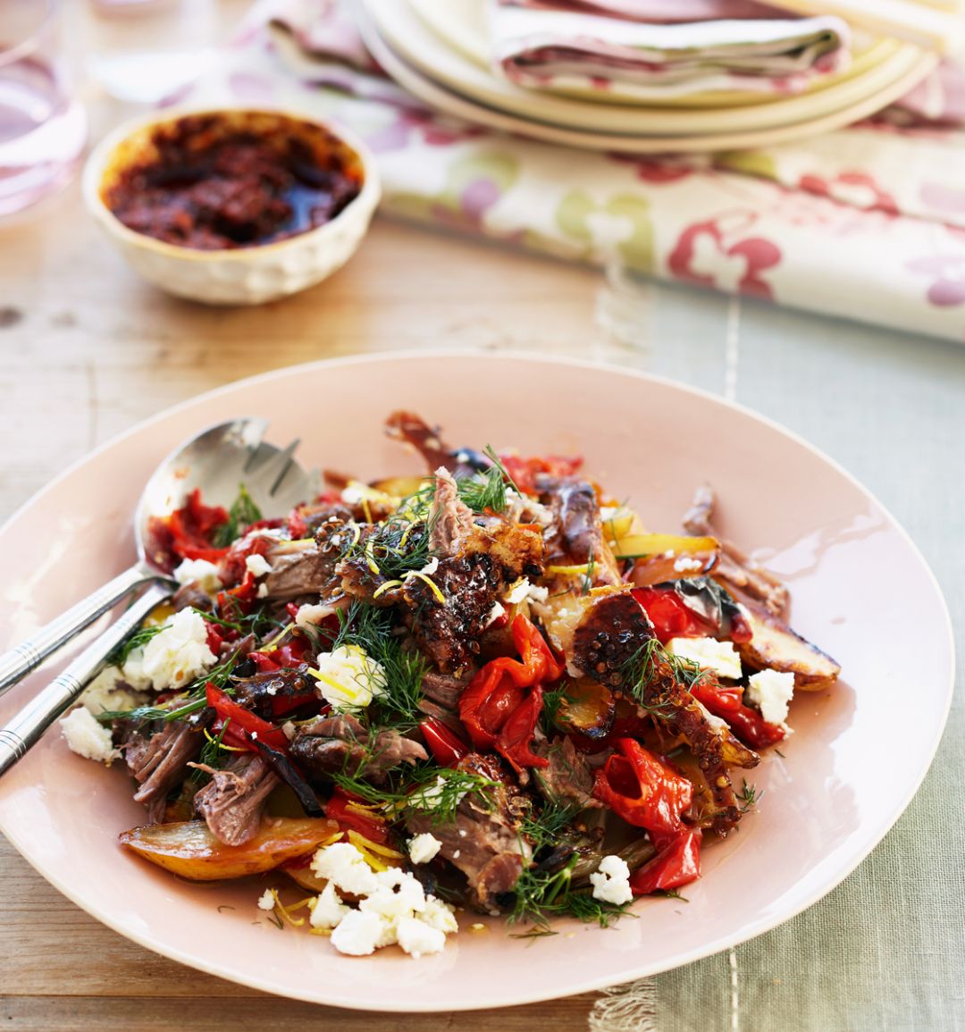 Slow-roast lamb with feta, peppers and dill
