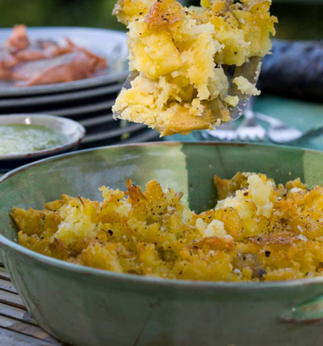Smashed roast new potatoes with garlic & rosemary