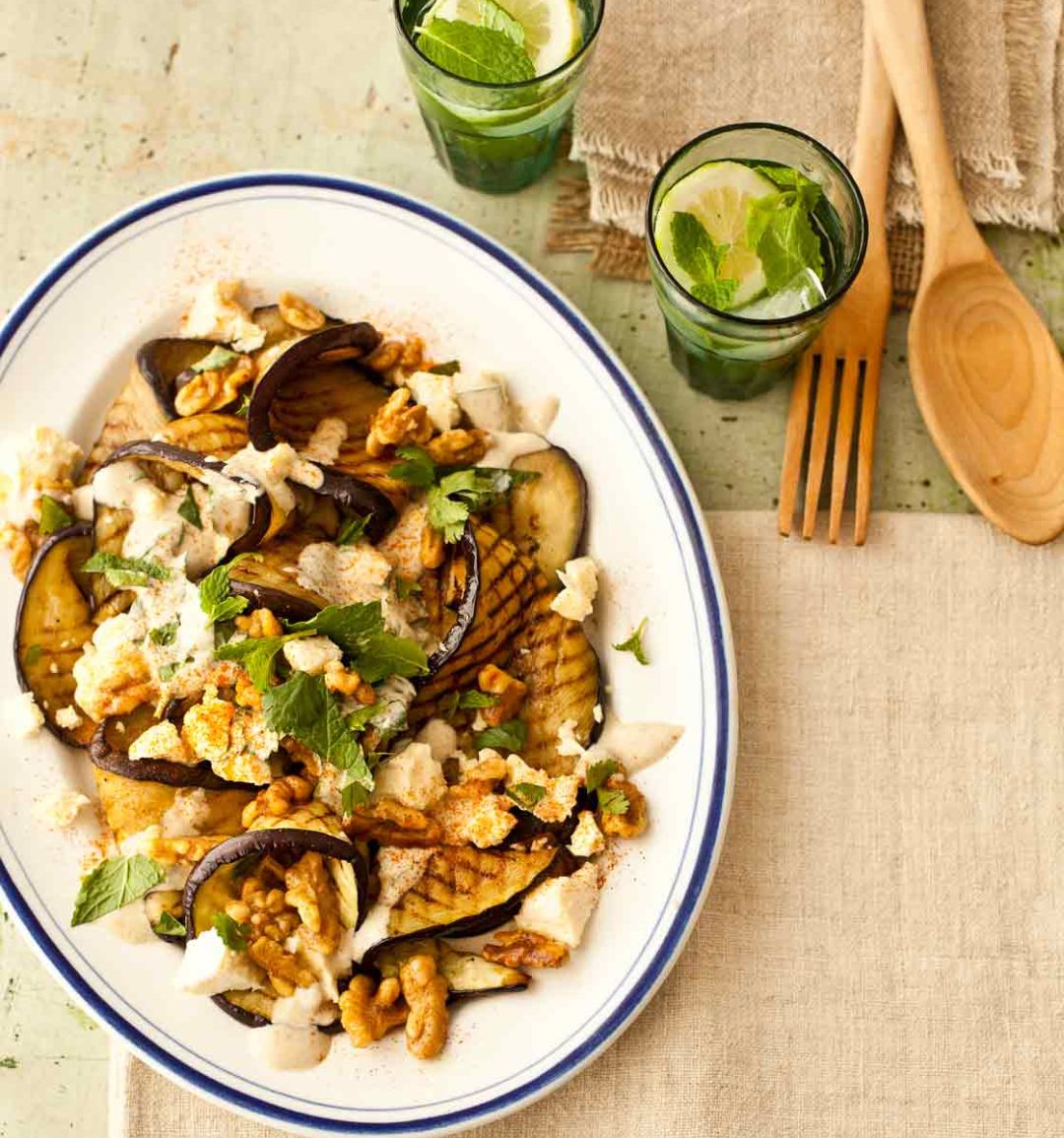 Aubergine with Lancashire cheese, walnuts & yogurt