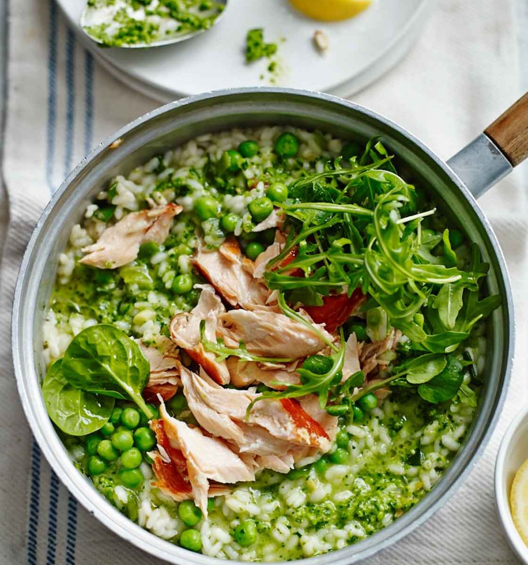 Pea pesto risotto with honey roast salmon 