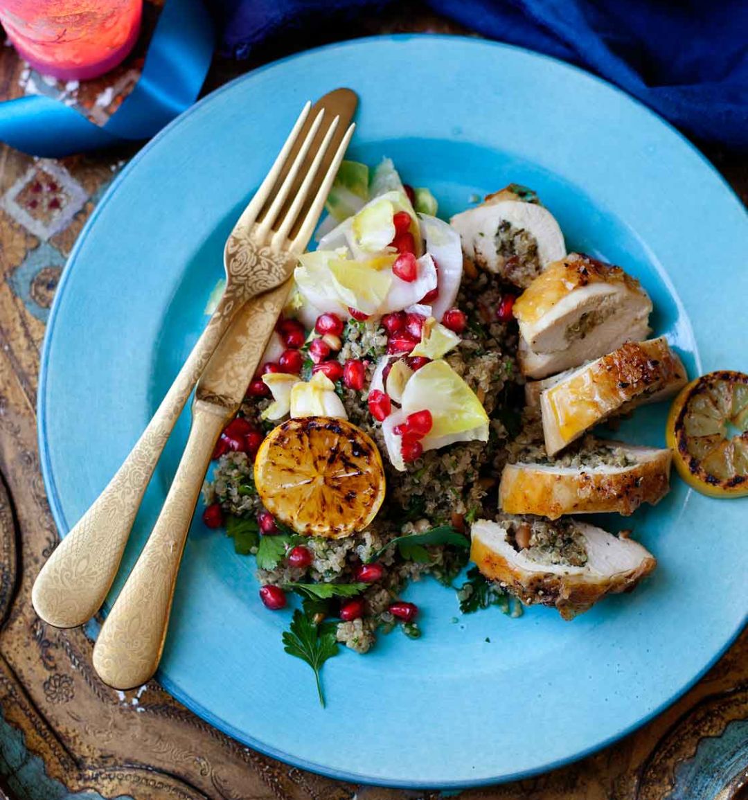 Chicken breasts with date and pine nut quinoa stuffing
