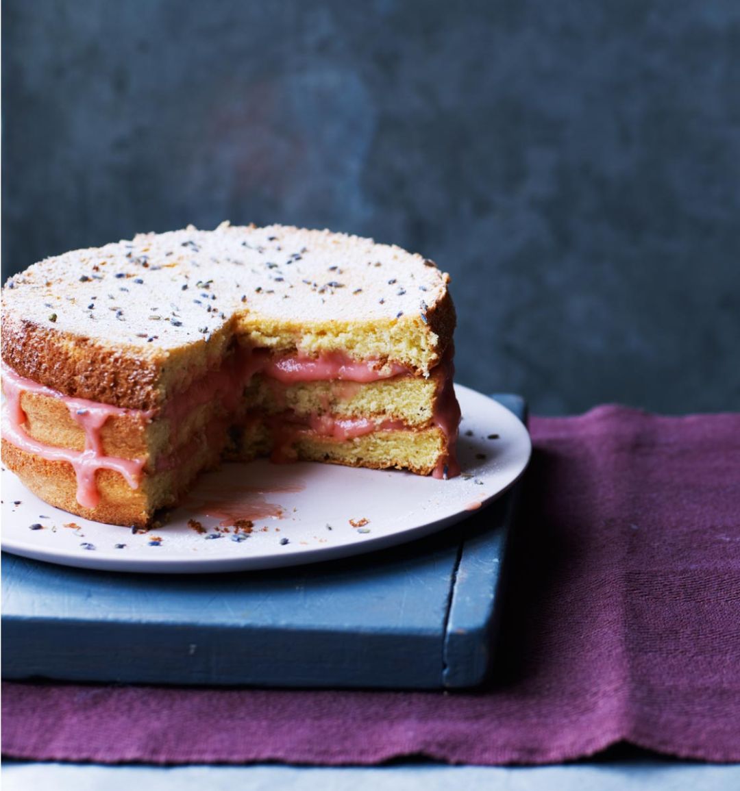 Lavender sponge cake with rhubarb curd
