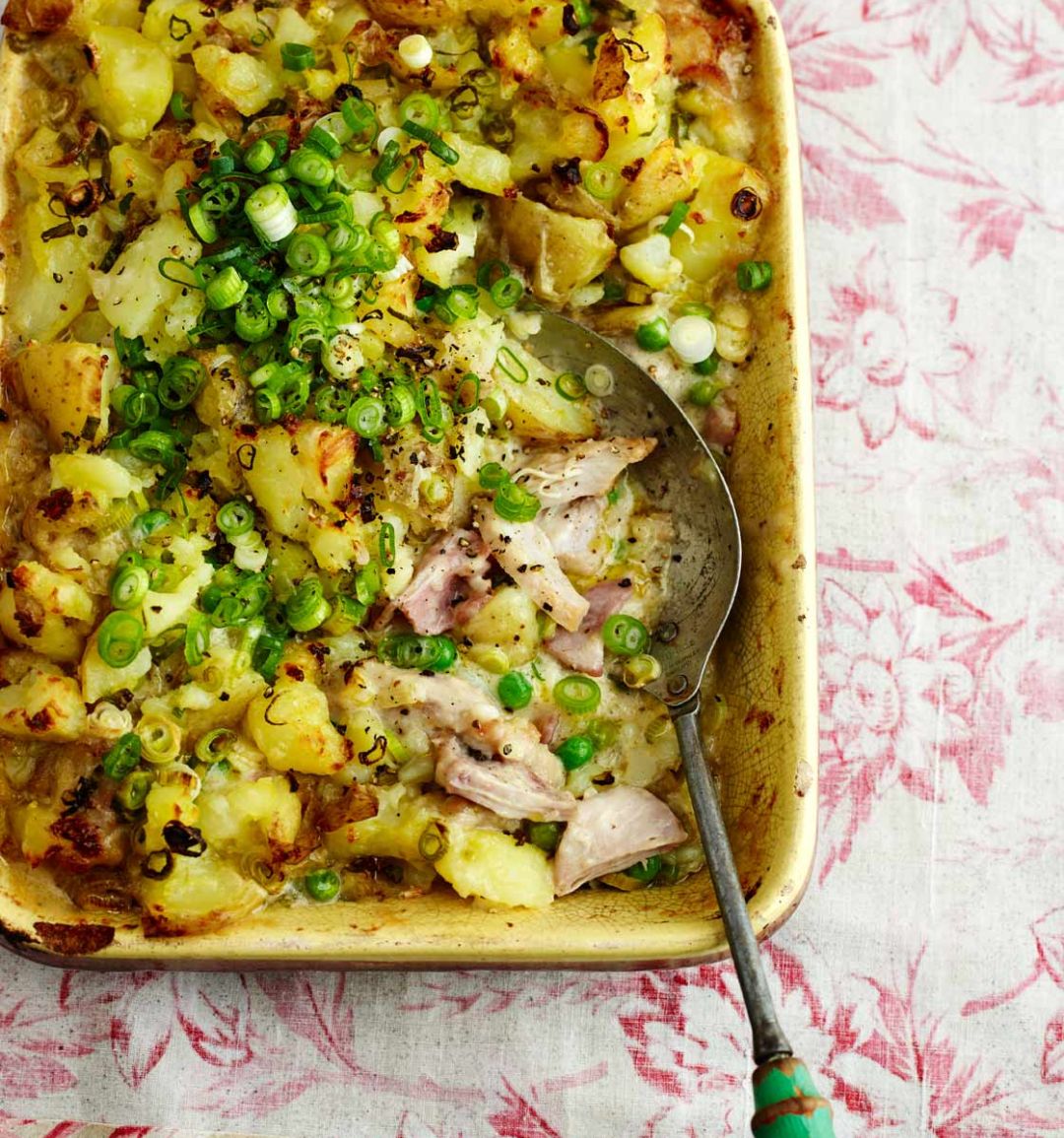 Cider chicken and bacon pie with crushed new potato topping 