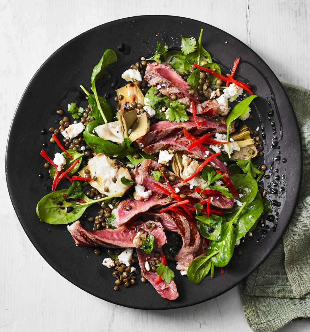 Puy lentils with steak and feta