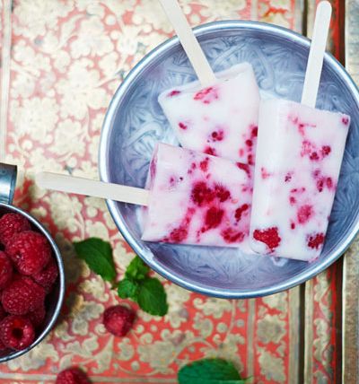 Raspberry, rose and yogurt ice lollies