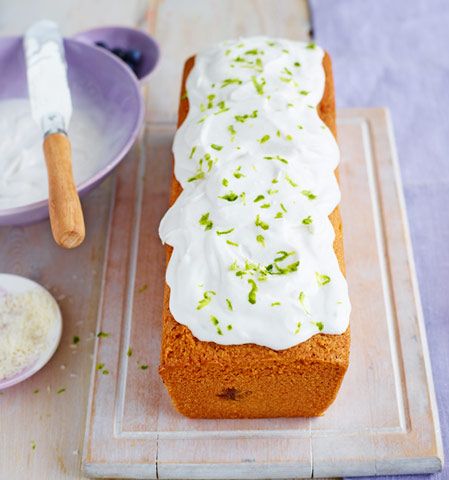 Blueberry and lime loaf cake with coconut cream icing