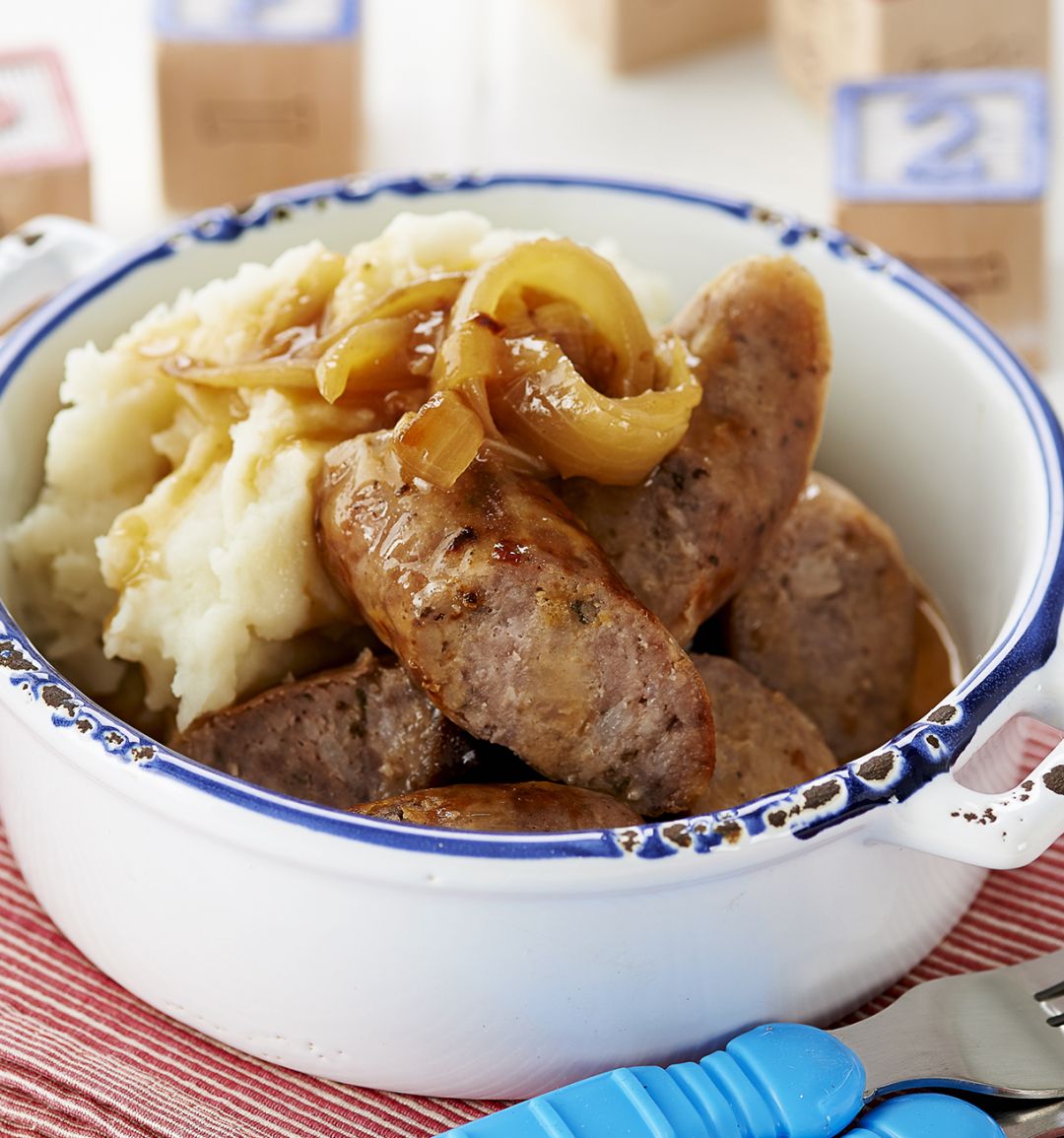 Pork sausages with celeriac potato mash