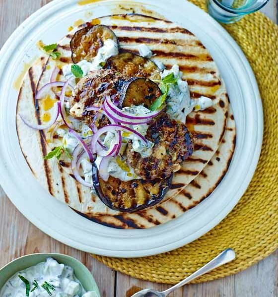 Smoky pork patty and aubergine wraps