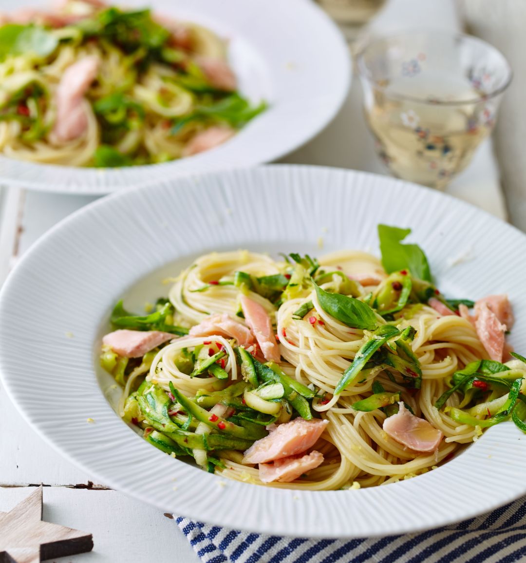 Chilli courgette capelli with smoked trout