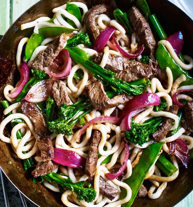 Beef and udon stir-fry