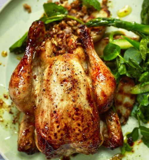 Poussins stuffed with spelt