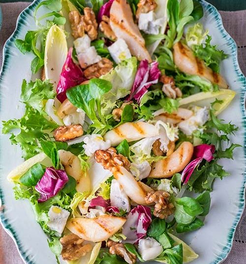 Gorgonzola and pear salad with caramelised walnuts and radicchio