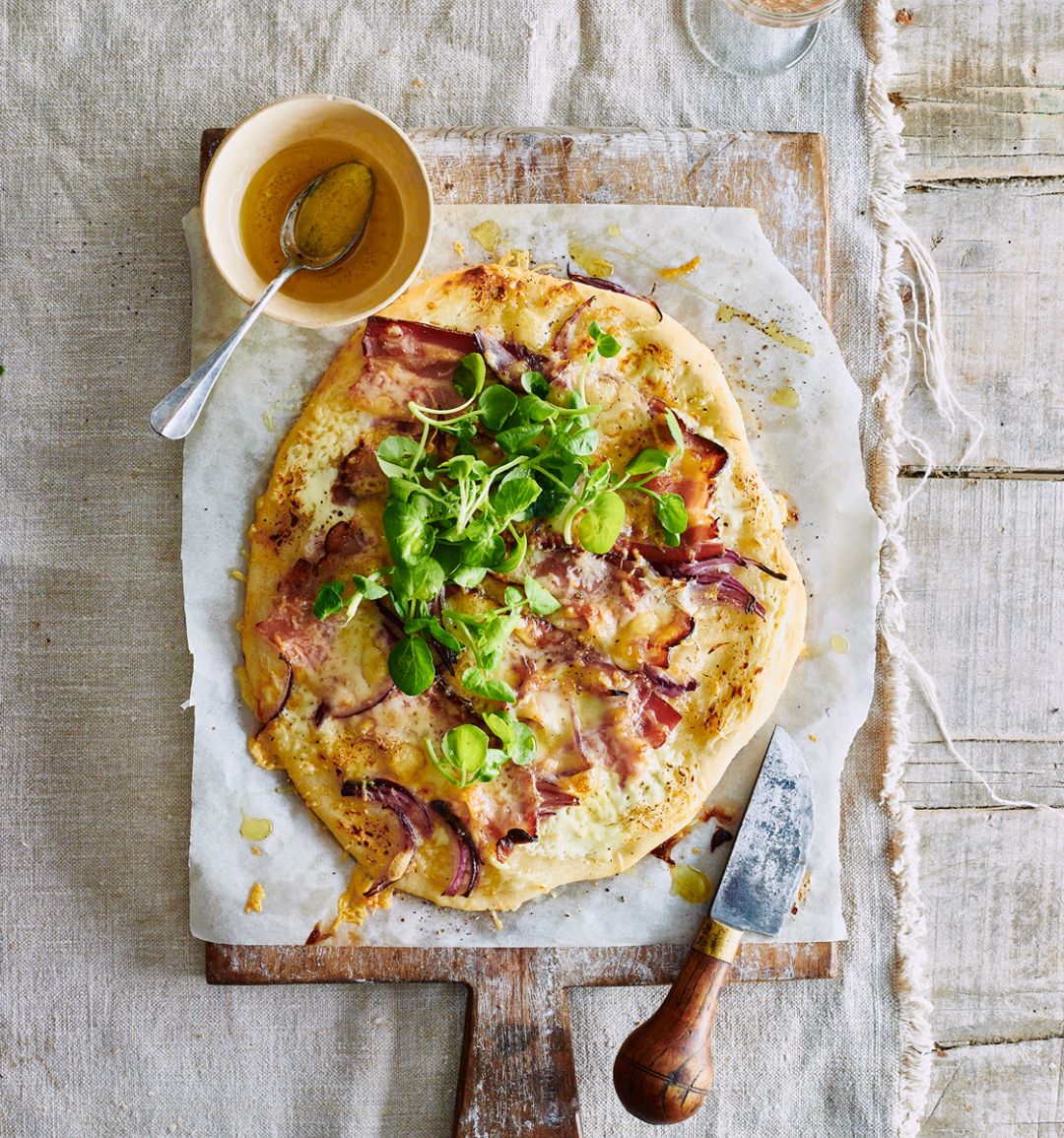 Tarte flambée with Comté and watercress salad