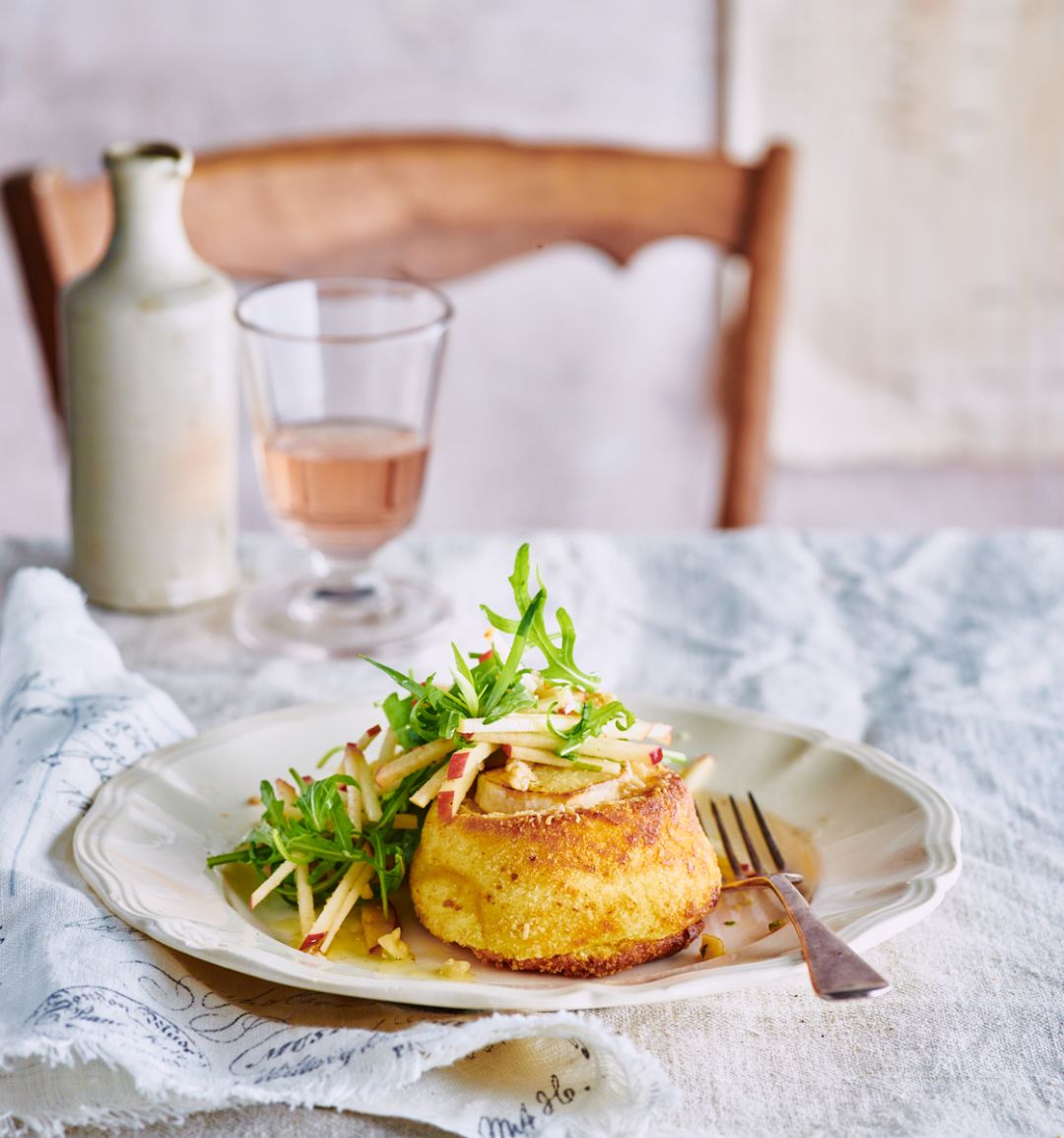 Twice-cooked goats’ cheese soufflés with apple and walnut salad