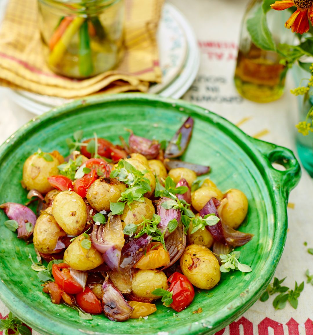 Roasted new potatoes, cherry tomatoes and basil