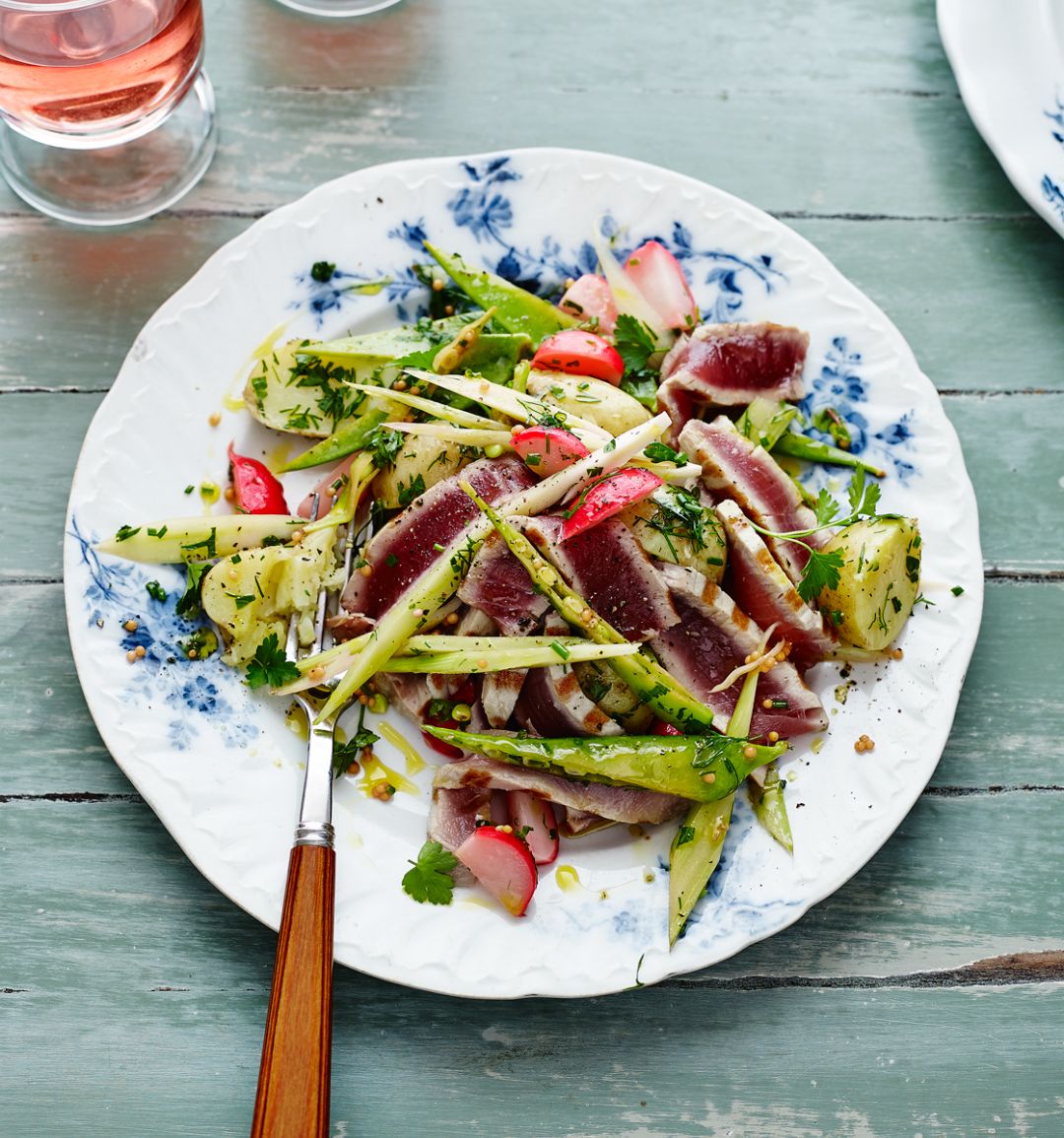 Warm pickled veg with seared tuna and herbs