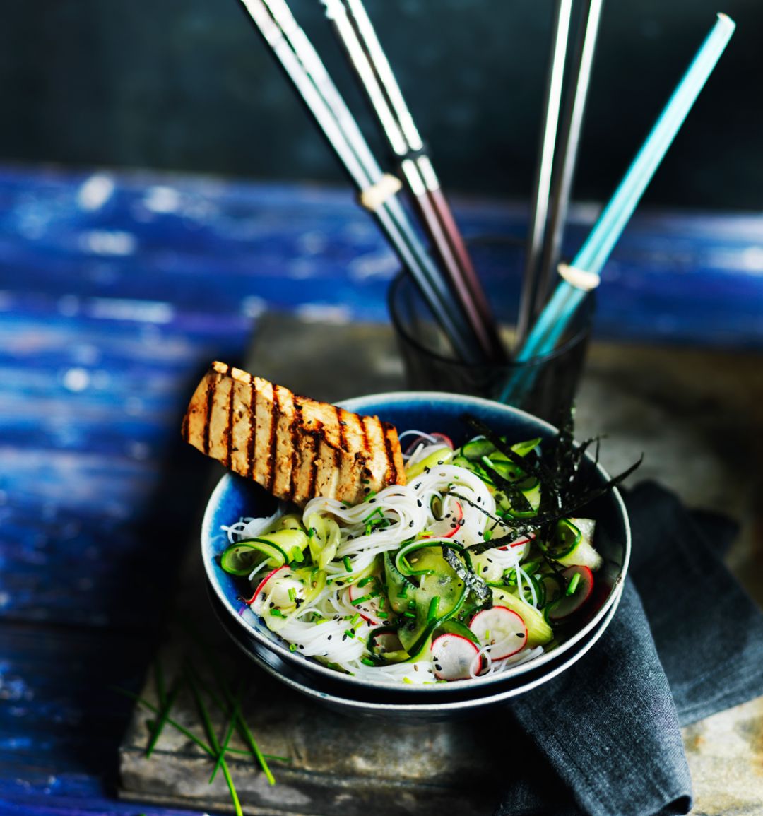 ‘Quick pickled’ rice noodle salad with soy-glazed griddled tofu
