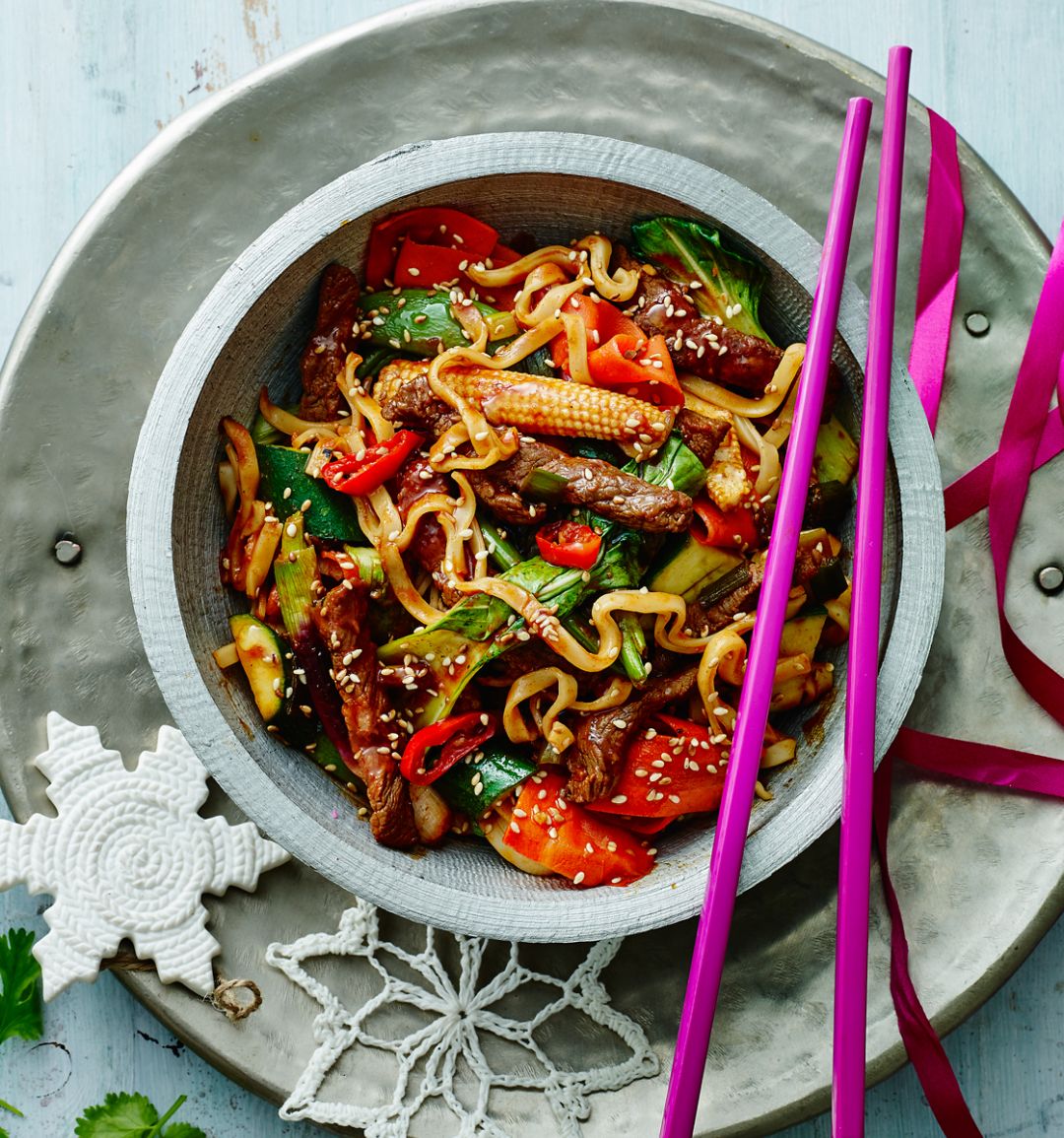 Korean barbecue beef stir-fry with noodles