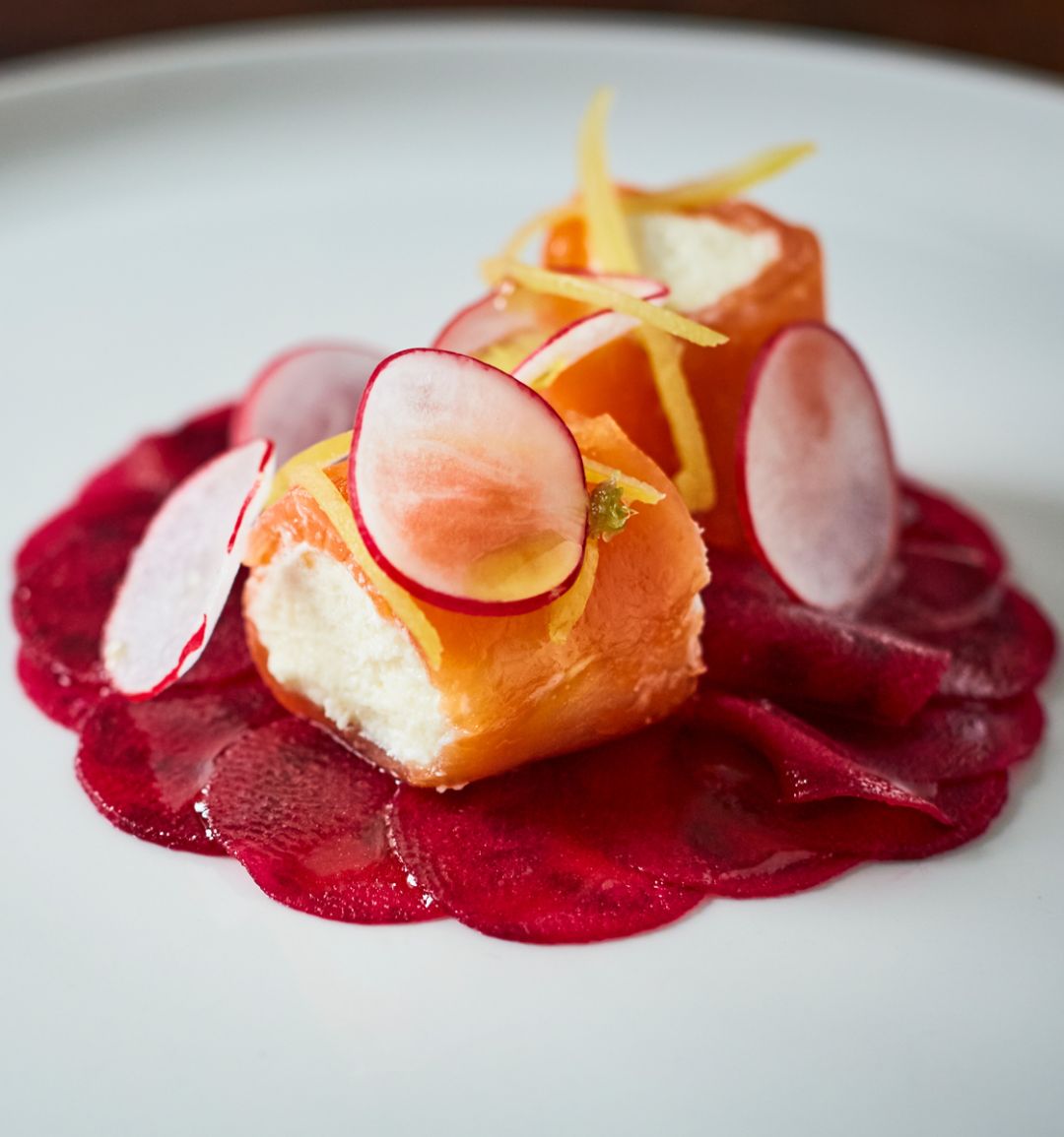 Smoked salmon with goats' cheese, lemon mousse and beetroot carpaccio