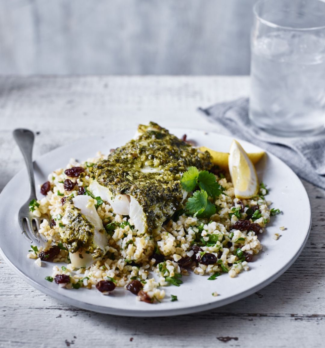 Chermoula cod with bulgar salad