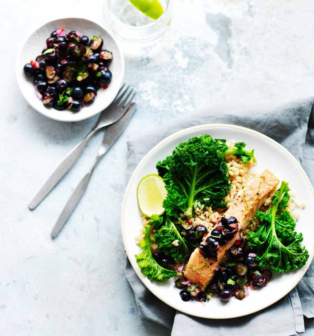 Grilled salmon with blueberry-lime salsa