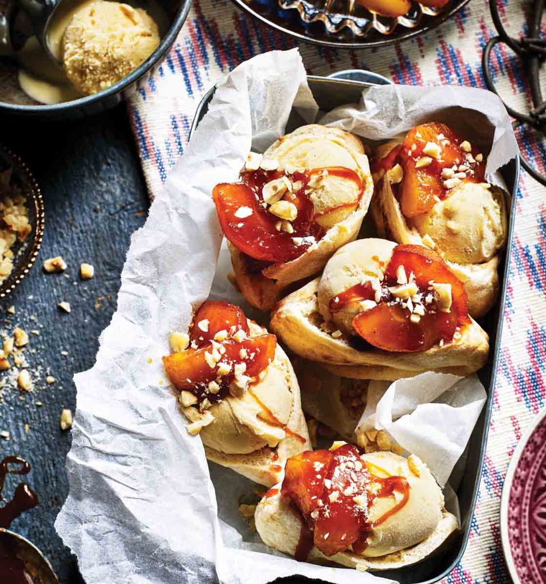 Nutty apple pittas with tahini ice cream
