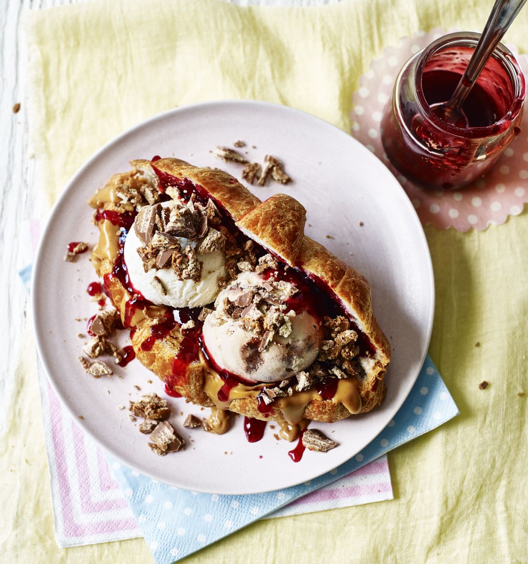 Peanut butter and jelly ice cream croissant sandwich