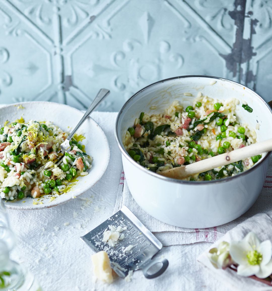 Spring vegetable and pancetta risotto