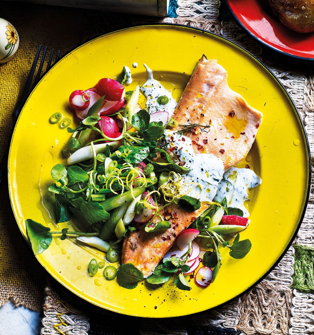Radish, spring onion and watercress salad with baked trout